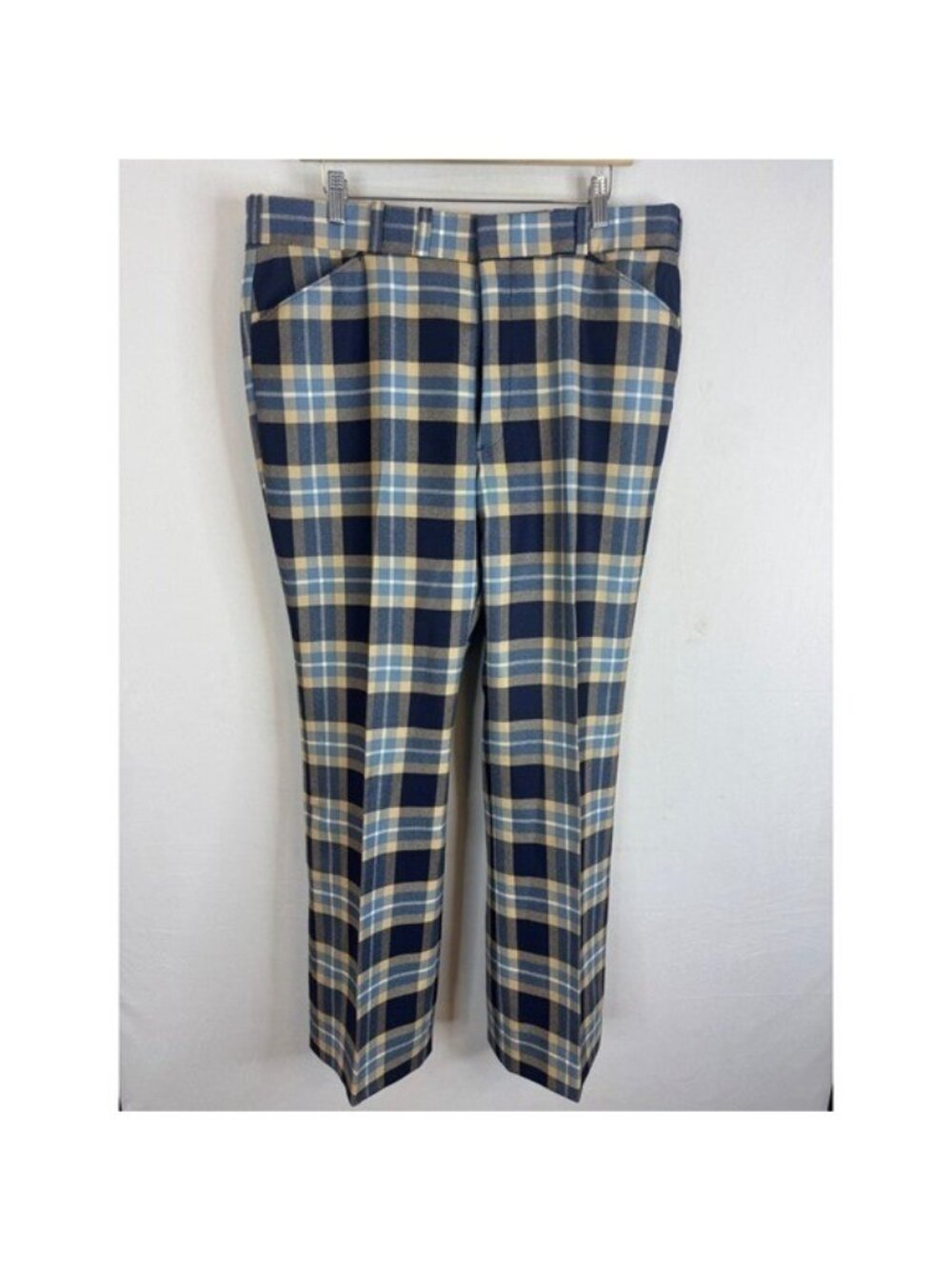Vintage 70s Nash Pants Pure Virgin Wool Plaid Trousers Blue Tan Straight 36X33